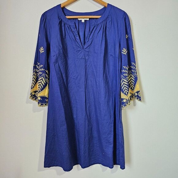 LIKE NEW UMGEE ELECTRIC BLUE SPLIT V NECK EMBROIDERED SLEEVES SHORT DRESS L - Picture 2 of 13